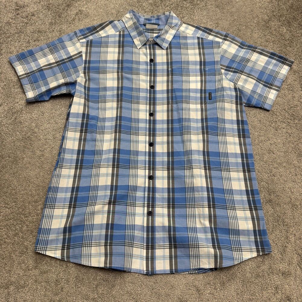 Columbia Plaid Short Sleeve Button Up Casual Hiking Shirt Mens Large Blue Cotton